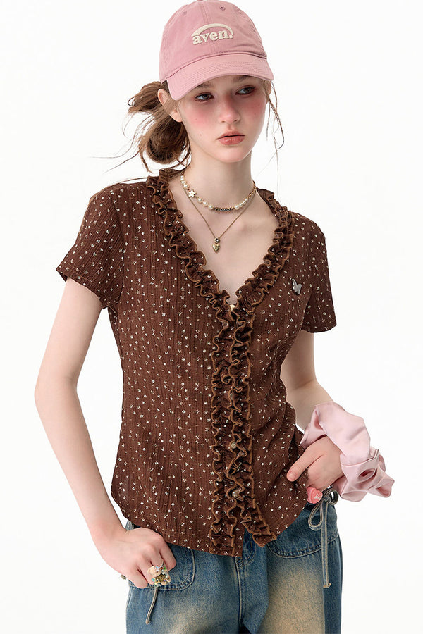 Brown Polka Dot Lace Blouse