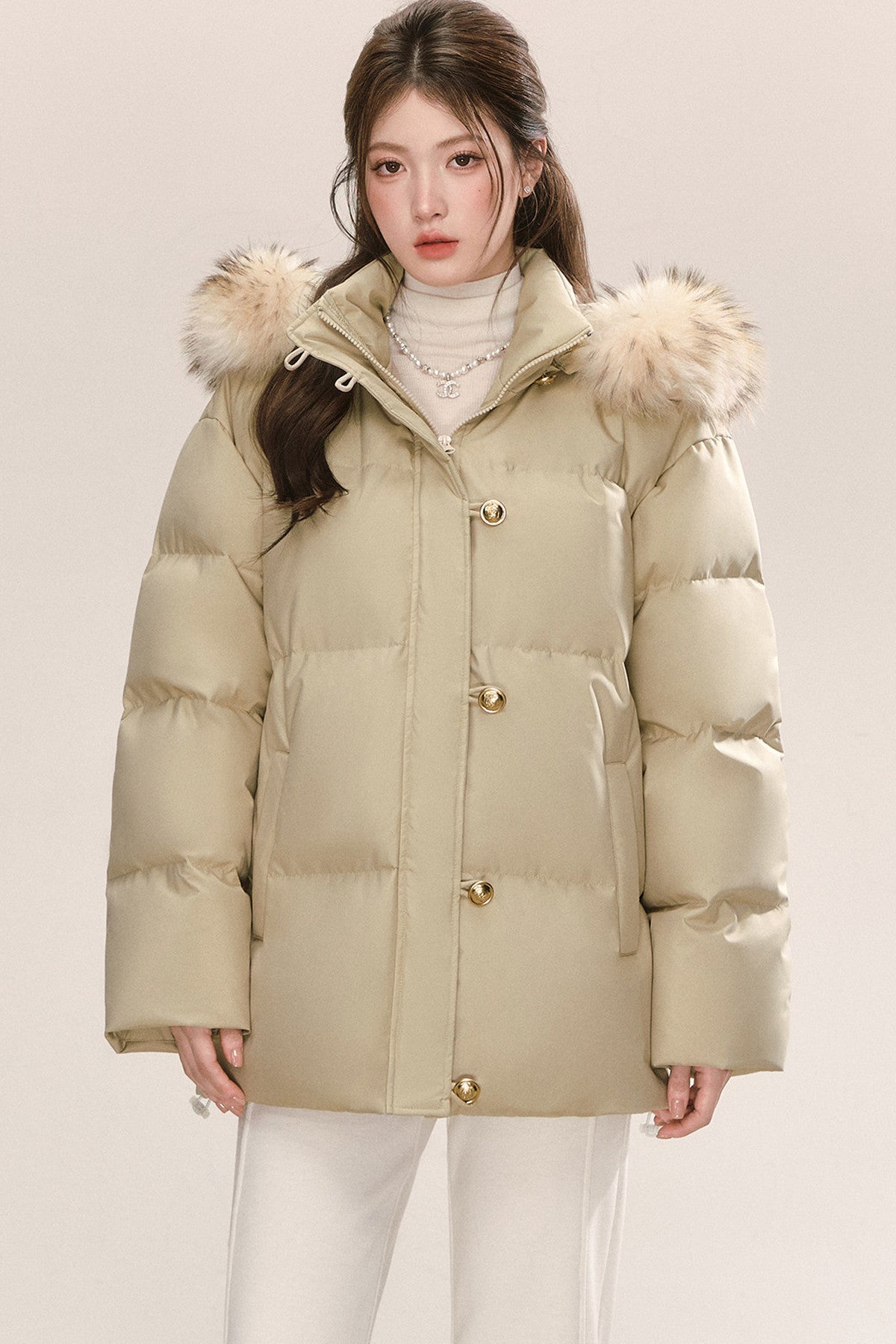 Detachable Raccoon Fur Collar Hooded Down Jacket