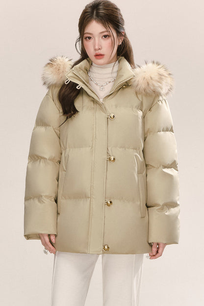 Detachable Raccoon Fur Collar Hooded Down Jacket
