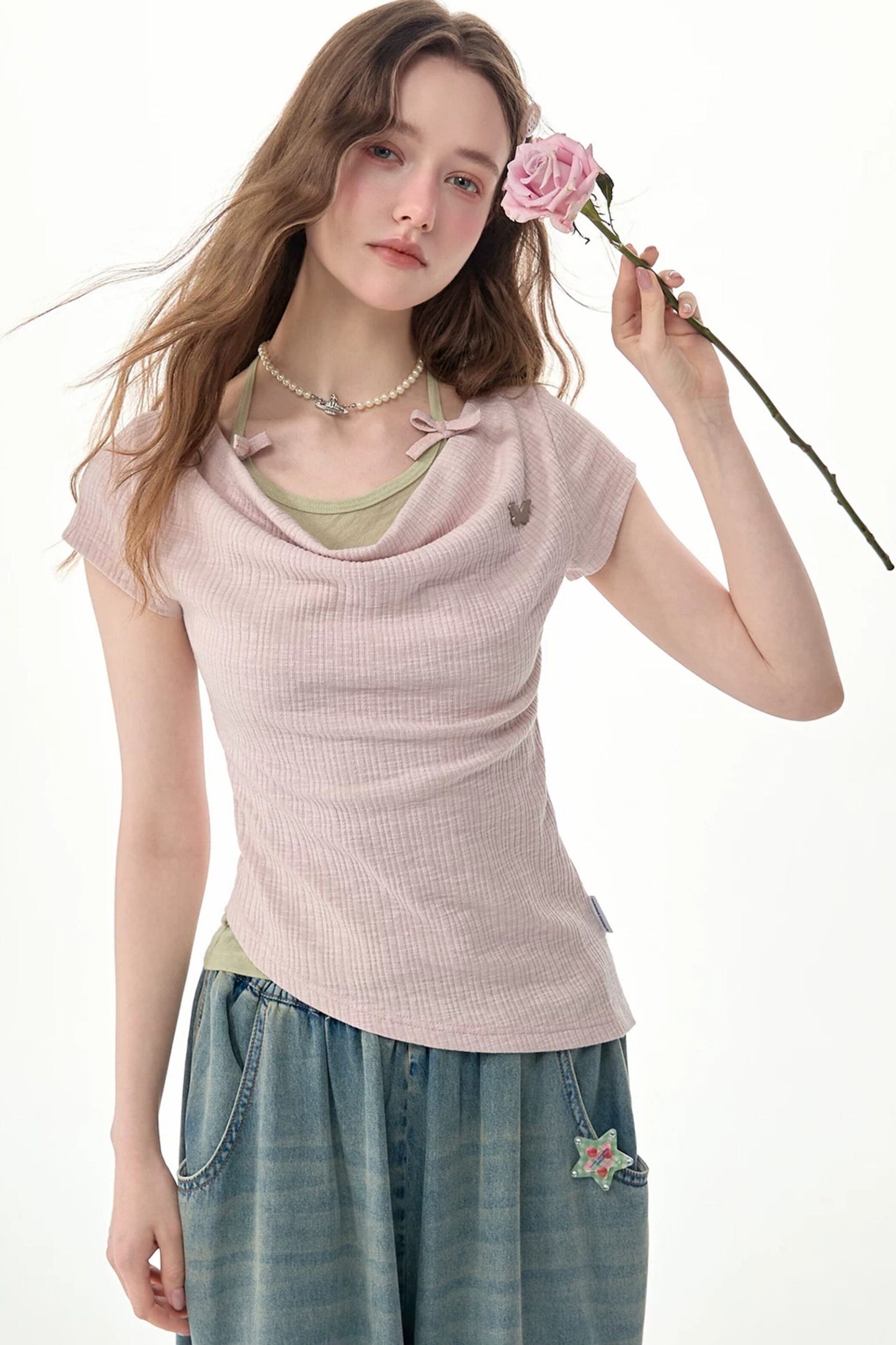 Flared Collar Pink Halter Neck Top