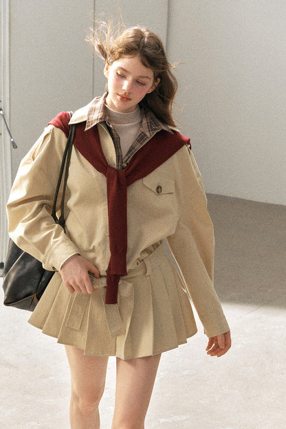Plaid Collar Trench Coat With Pleated Skirt Set-Up