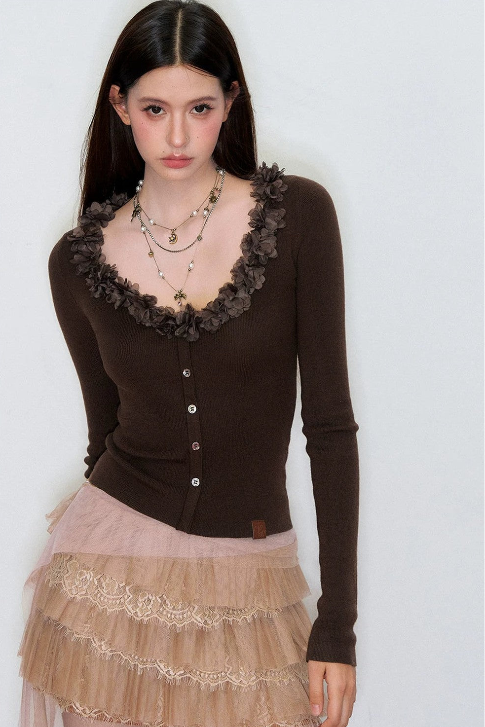 V-Neck Lace Silk Wool Knit Cardigan
