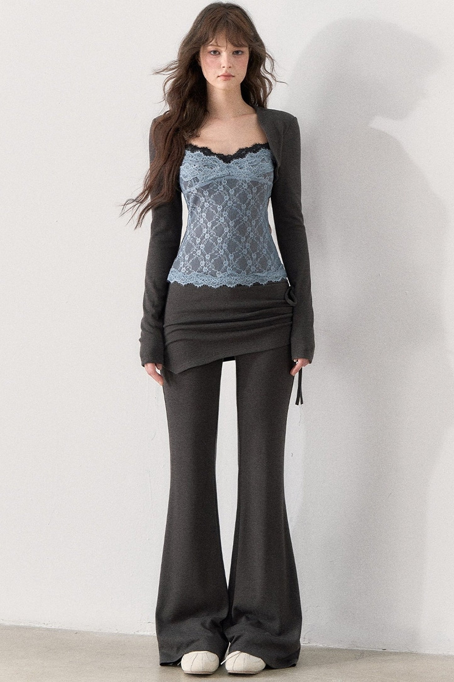 Lace Trim Knit Top and Flared Pants Set-Up
