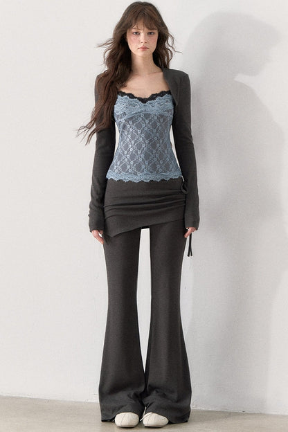 Lace Trim Knit Top and Flared Pants Set-Up