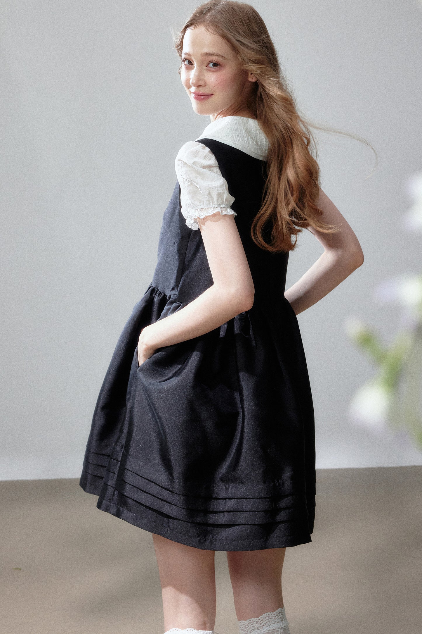 White Shirt and Sleeveless Little Black Puff Dress Set