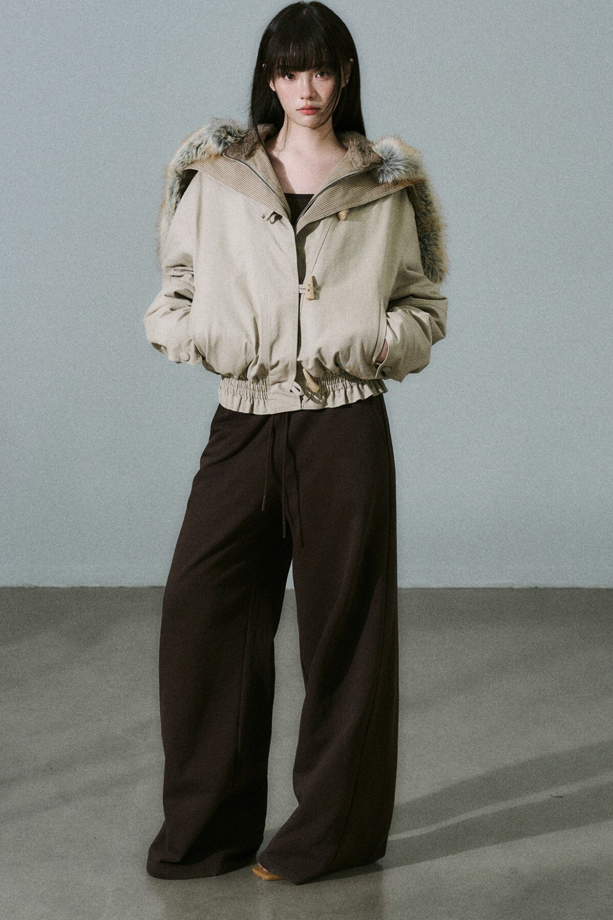 Horn Button Plaid Fur Collar Jacket