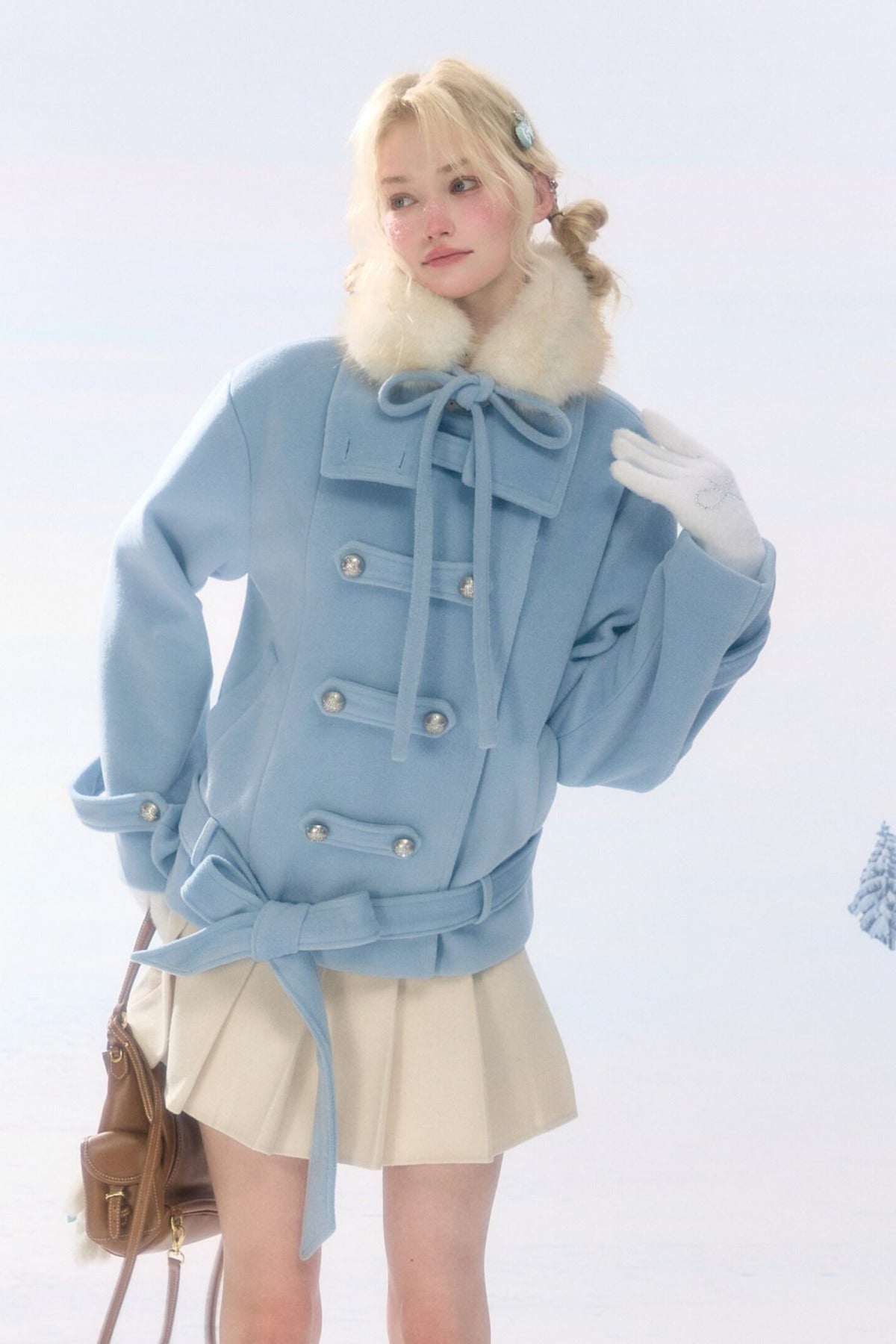 Light Blue Plush Stand Collar Coat