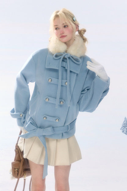 Light Blue Plush Stand Collar Coat