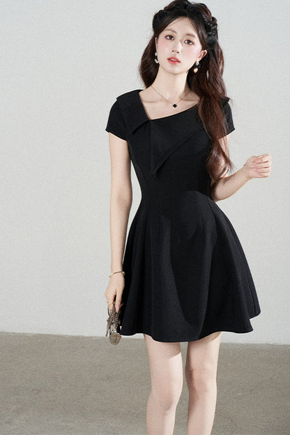 Irregular Collar Black A-Line Dress
