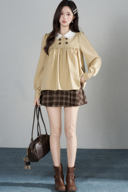 Khaki Doll Collar Pullover Shirt and Skirt Set-Up