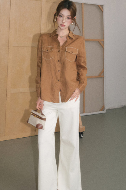 Color-Blocked Linen Shirt and White Pants Set-Up
