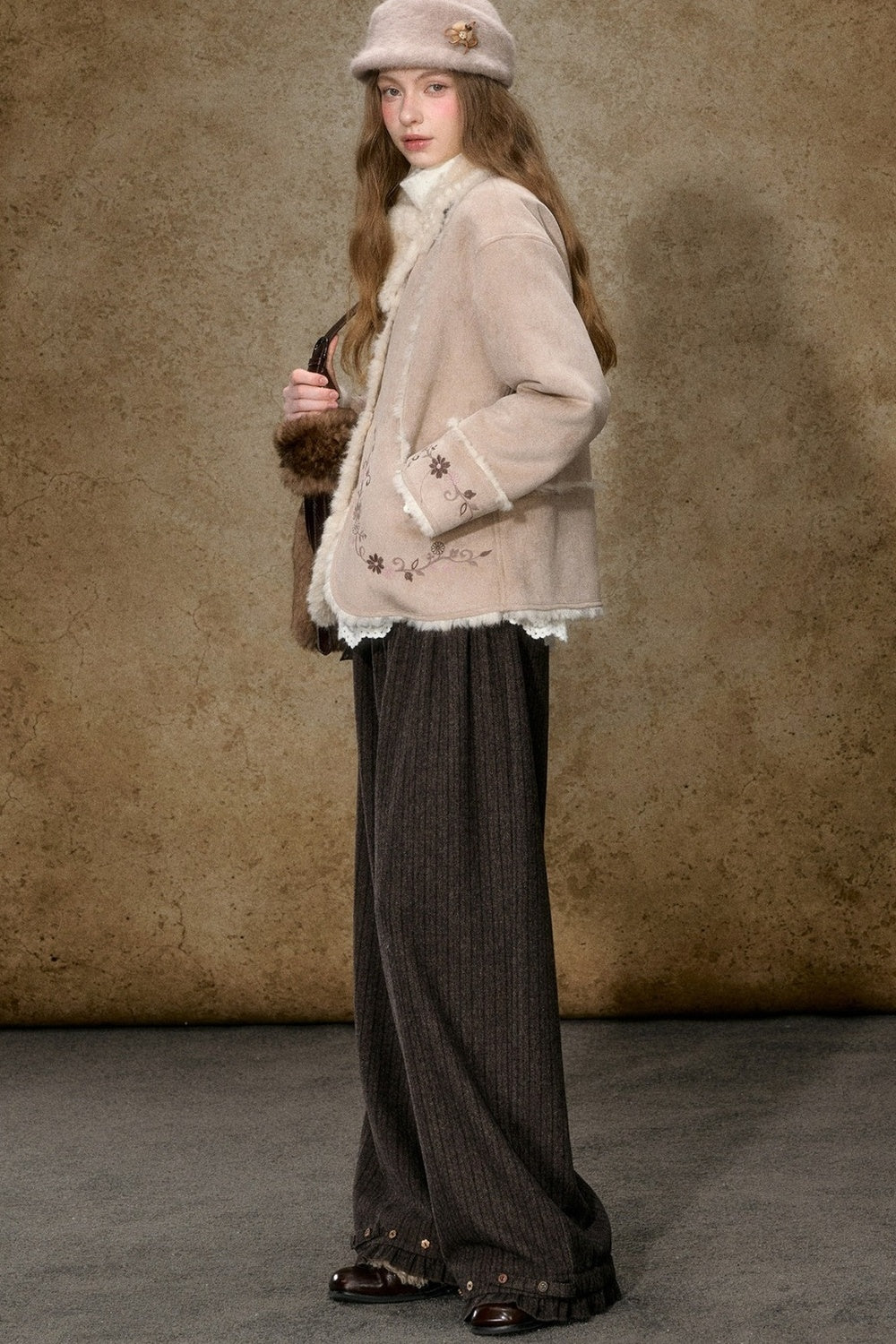 Embroidered Branch Snow Faux Suede Jacket