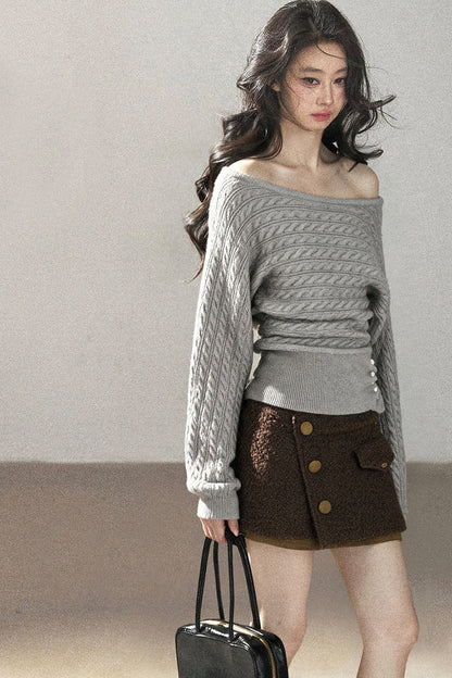Off-Shoulder Cable Knit Sweater
