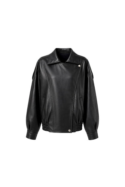 Black PU Lapel Biker Jacket, Polka Skirt and Dress Set-Up