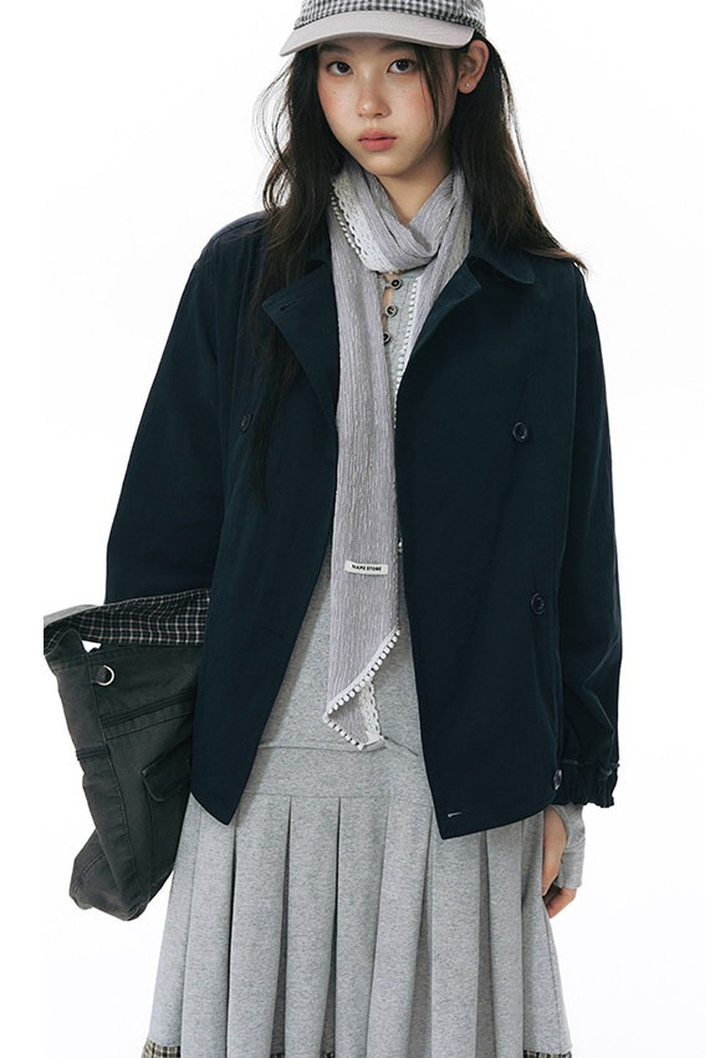 Retro Double-Breasted Workwear Jacket and Skirt Set-Up