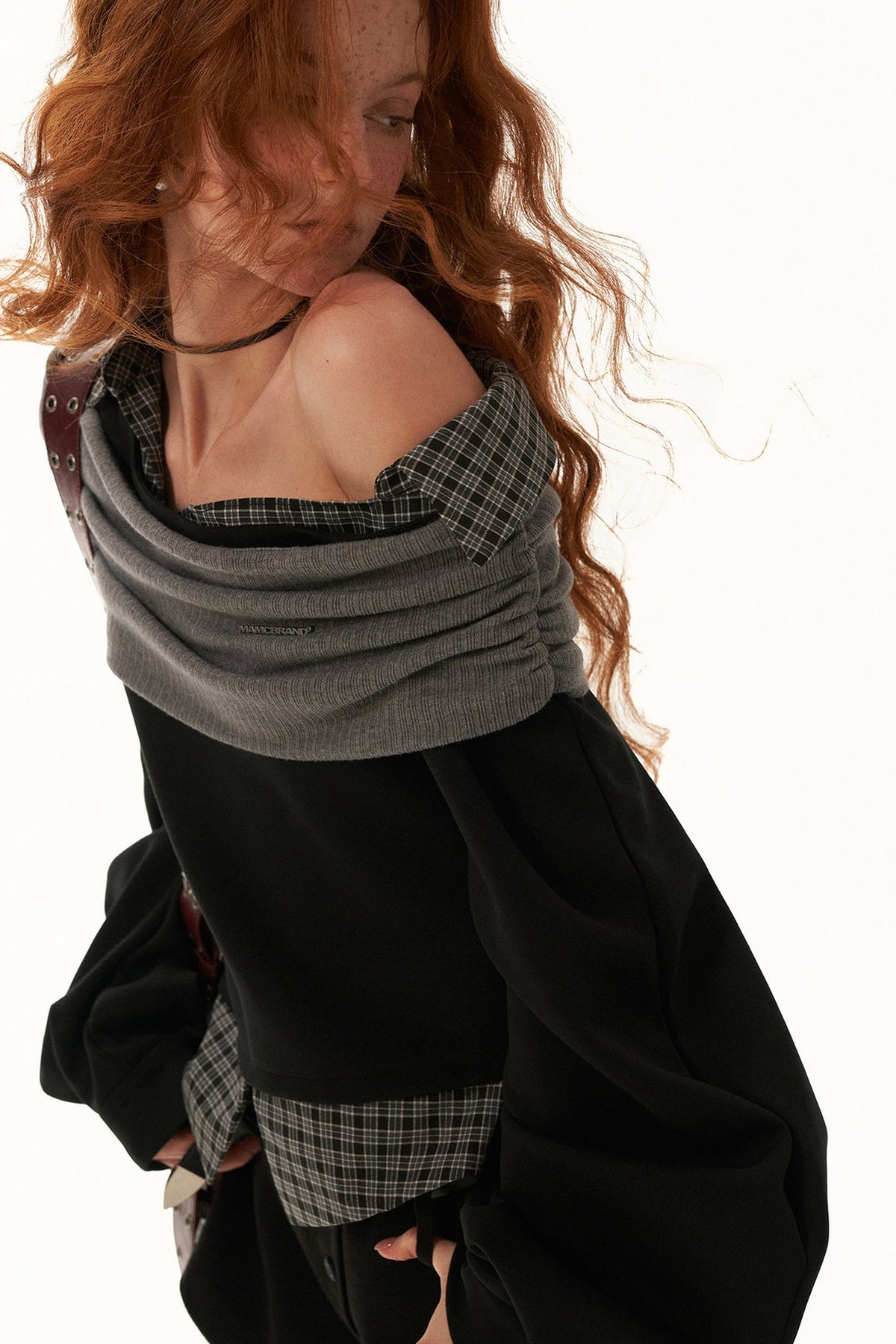 Plaid Patchwork Off-Shoulder Sweatshirt