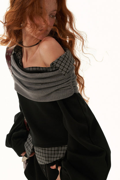 Plaid Patchwork Off-Shoulder Sweatshirt