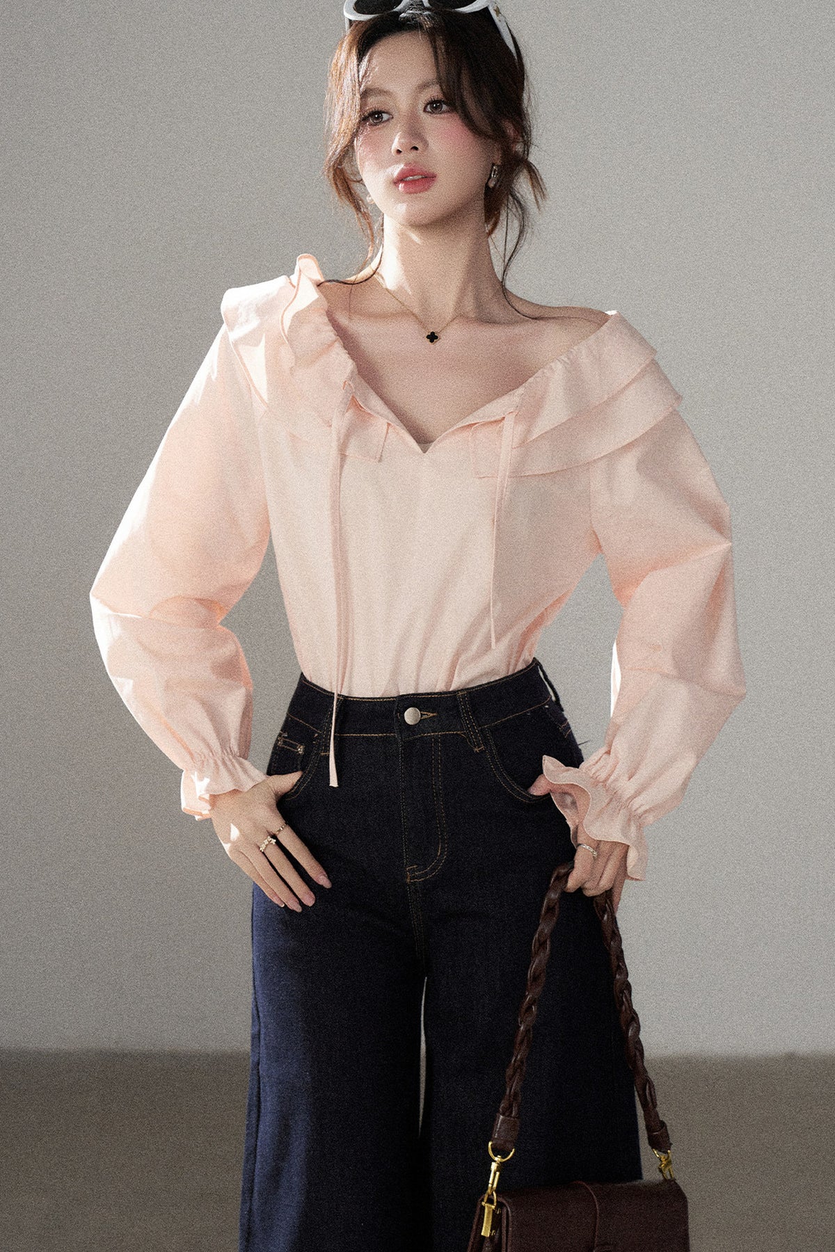 Pink Ruffle Collar Long-Sleeved Top and Skirt Set-Up