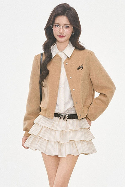 Woolen Baseball Jacket with Tiered Shirt Dress Set-Up