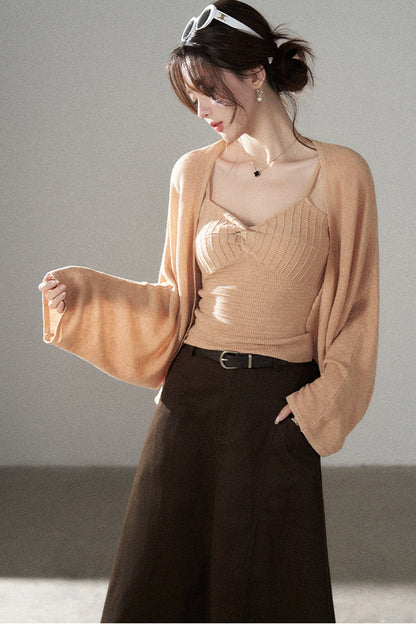 V-Neck Knitted Cardigan and Camisole Set-Up