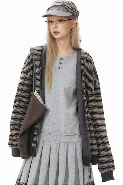 Reversible Striped Hooded Knit Cardigan