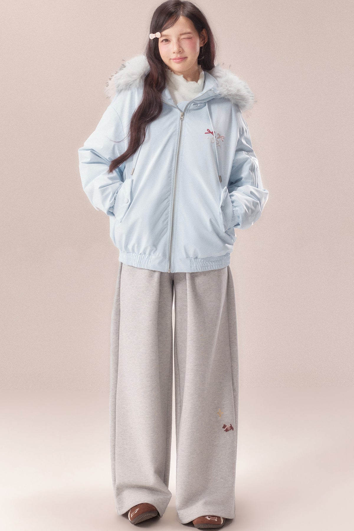 Embroidered Bow Fur Hood Down Jacket