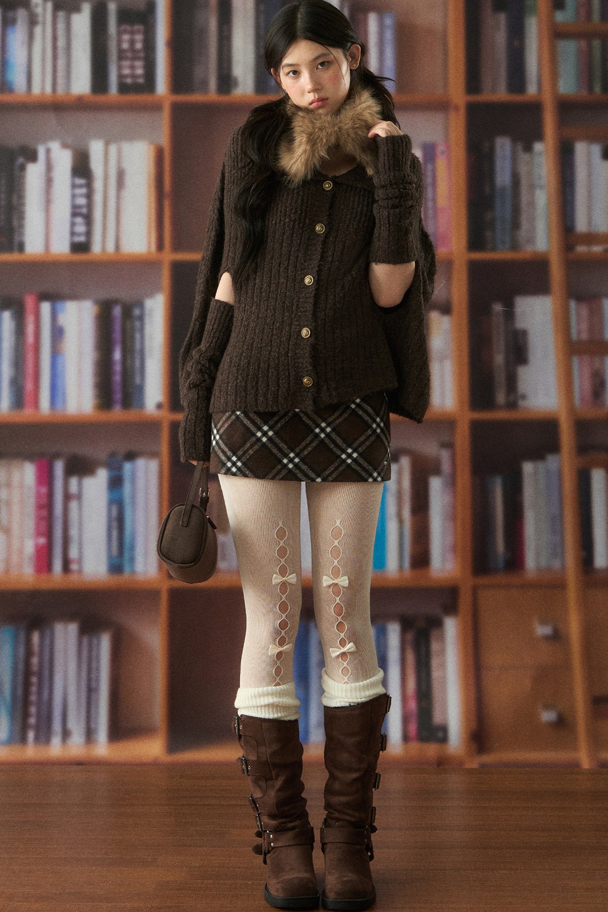 Chunky Ribbed Fur Collar Top and Skirt Set-Up
