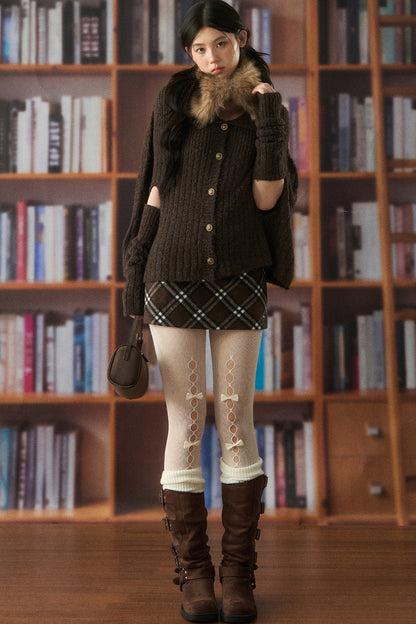 Chunky Ribbed Fur Collar Top and Skirt Set-Up