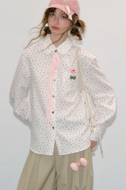 White Floral Lace-Up Doll Collar Blouse