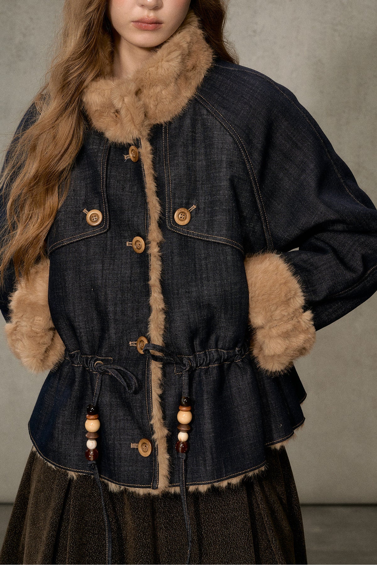 Fur Collar Denim Drawstring Jacket