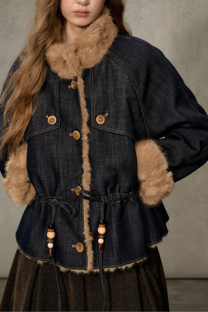 Fur Collar Denim Drawstring Jacket