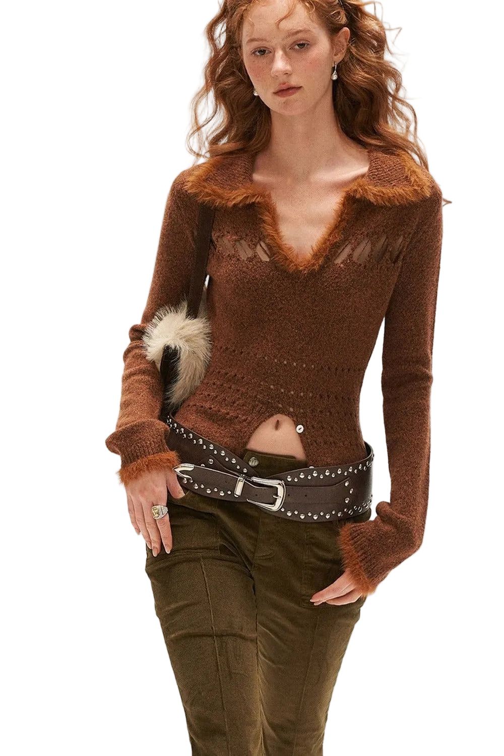 Long-Sleeve Patchwork Hollow-Out Lapel Sweater