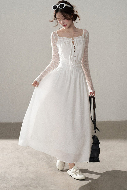 Robe trapèze en dentelle à boutons