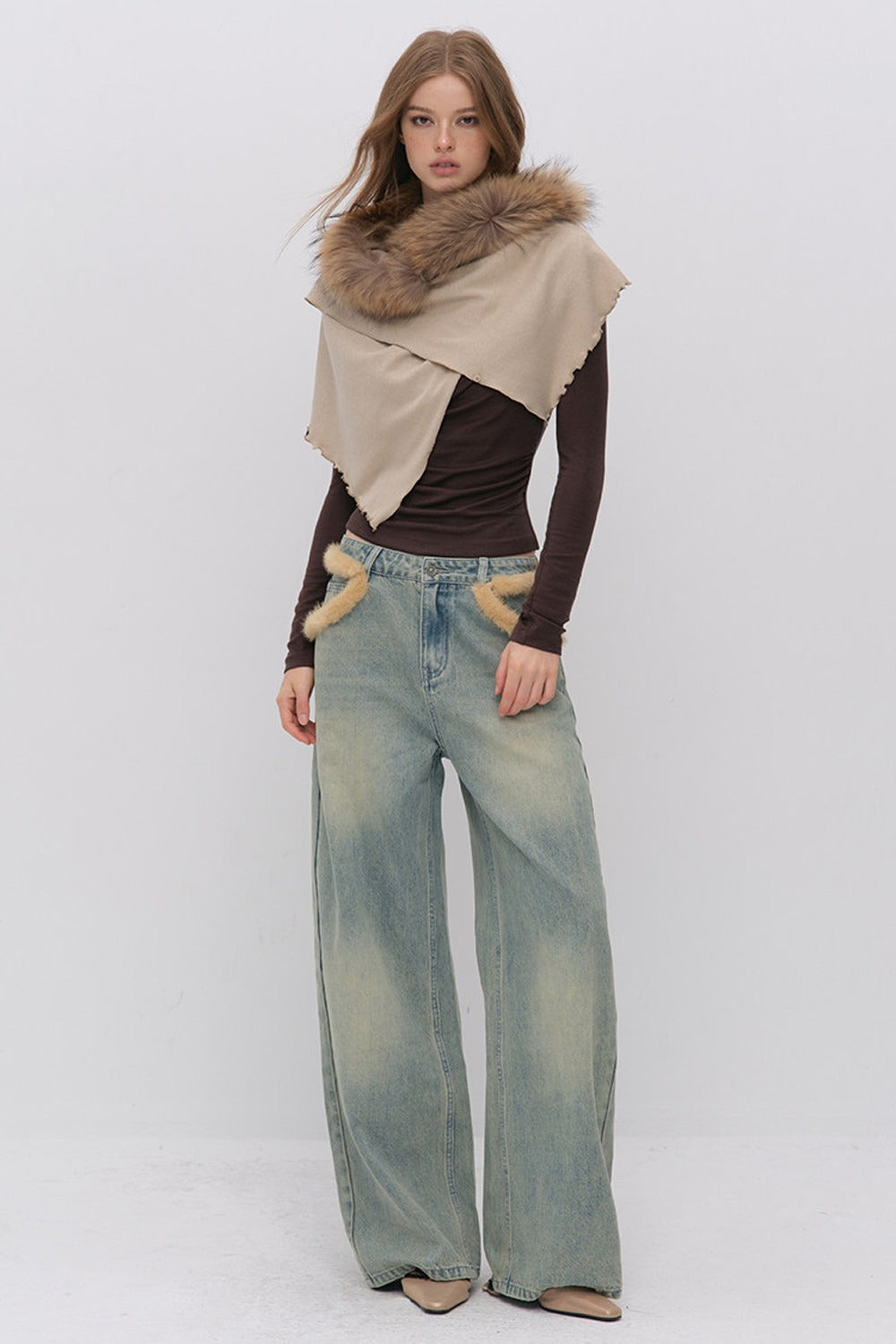 Fur Patch Wide-Leg Jeans