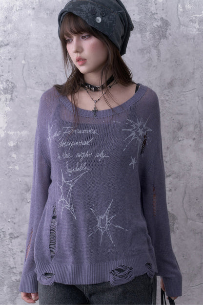 Purple Ripped Knit Print Sweater