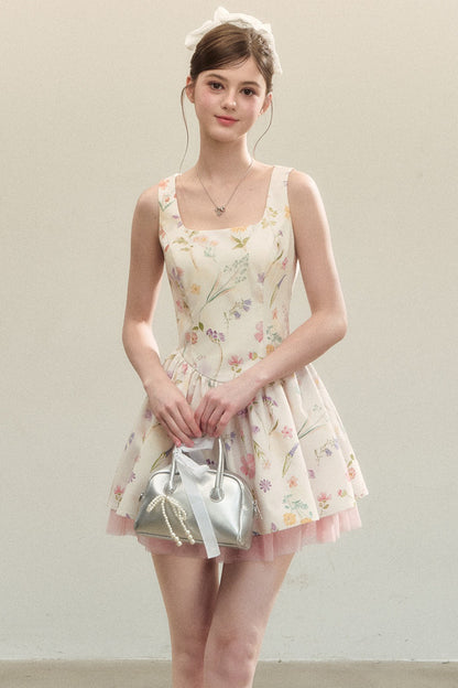 Floral Puffy Suspender Dress