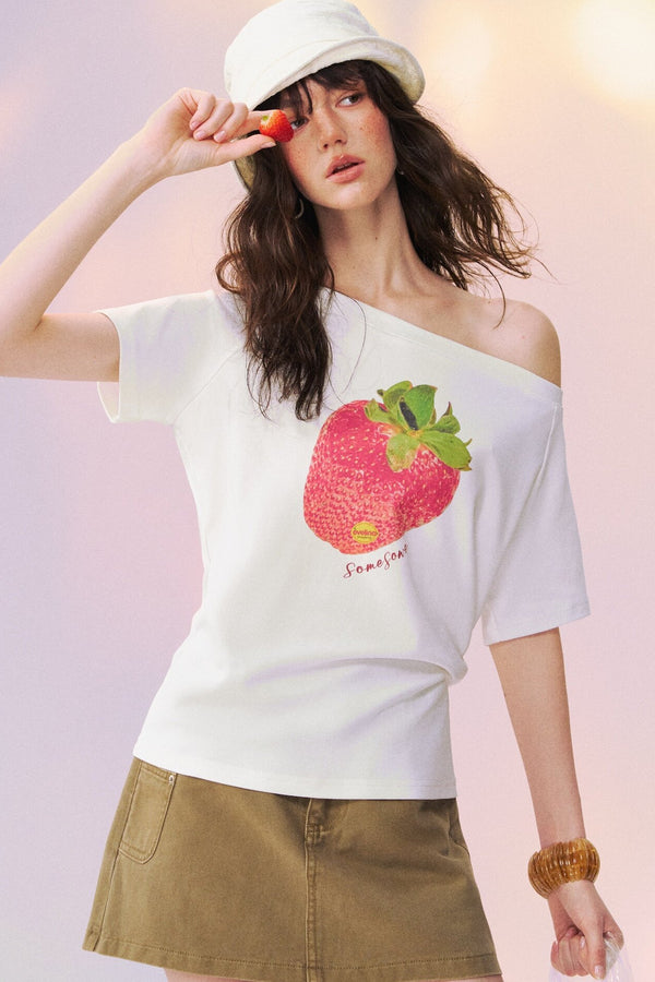 Strawberry Print One-Shoulder Blouse