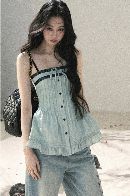 One-Shoulder Ruched Lace Camisole