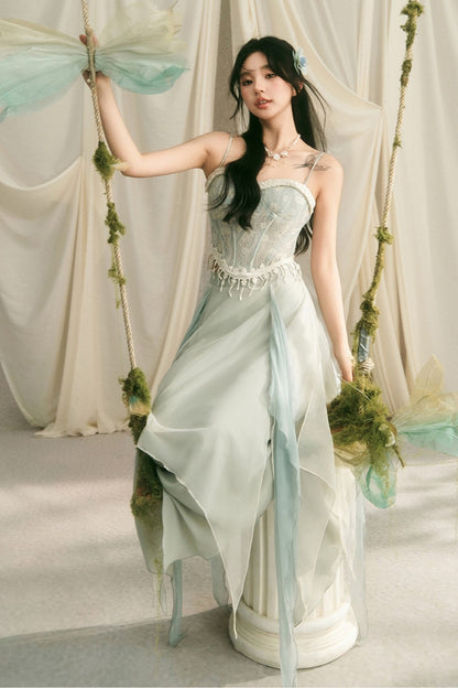 Retro Lace Fishbone Tube Top and Layered Skirt Set-Up