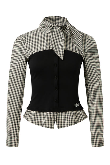 Bow Tie Spliced Shirt and Pleated Mini Skirt Set-Up