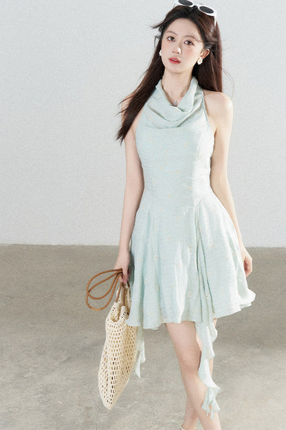 Halter Neck Sleeveless Irregular Hem Ruffle Dress