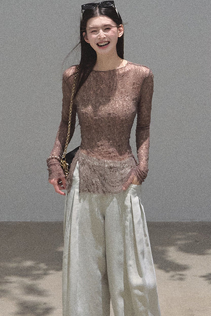 Silver Textured Knit Lace Blouse
