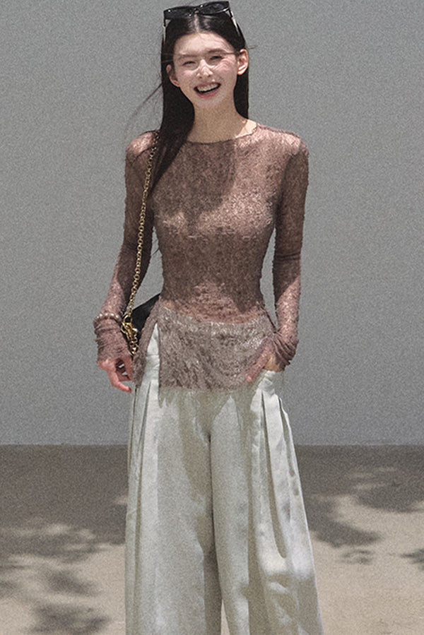 Silver Textured Knit Lace Blouse