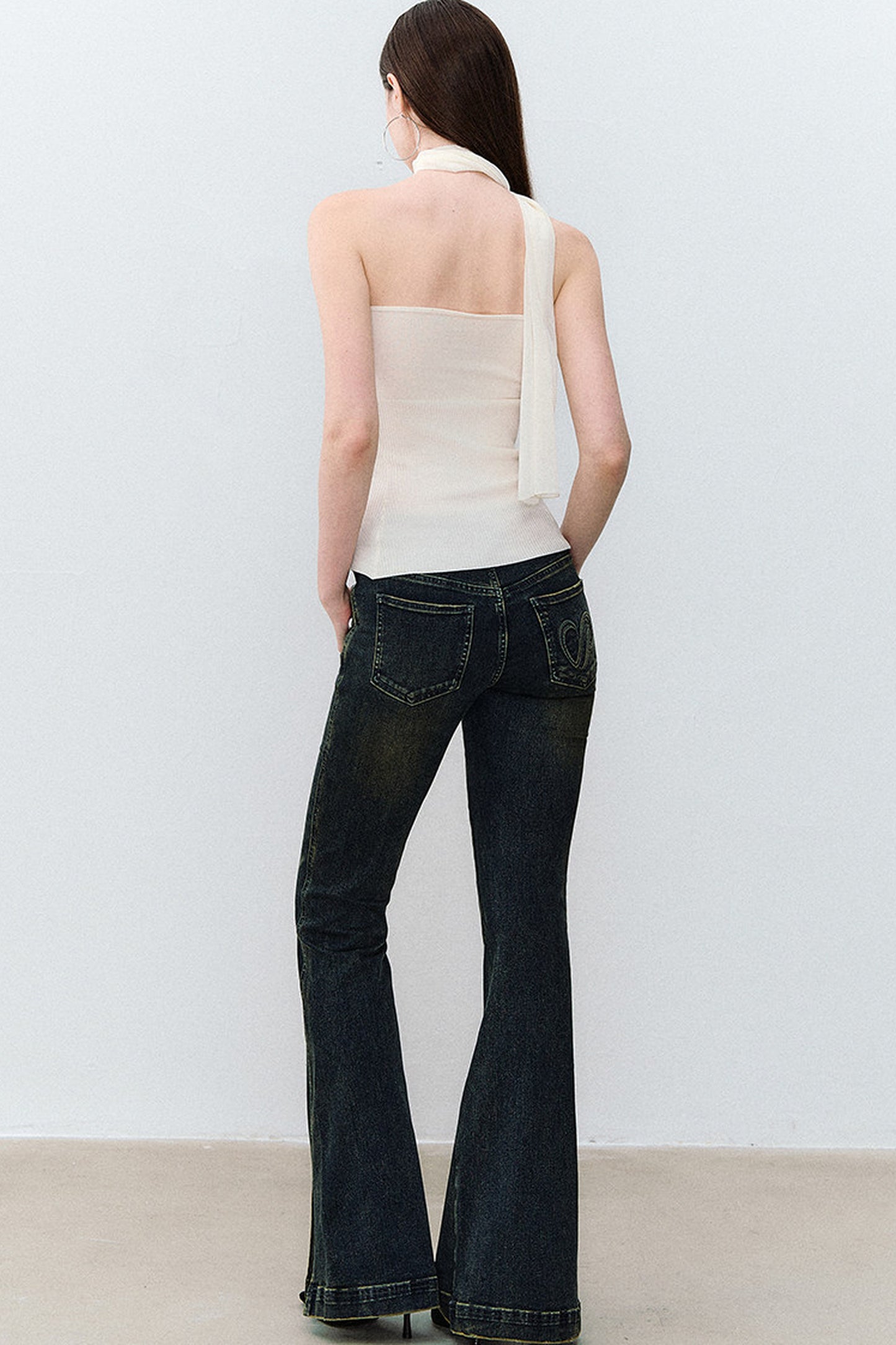 Heart Button Slit Flared Jeans
