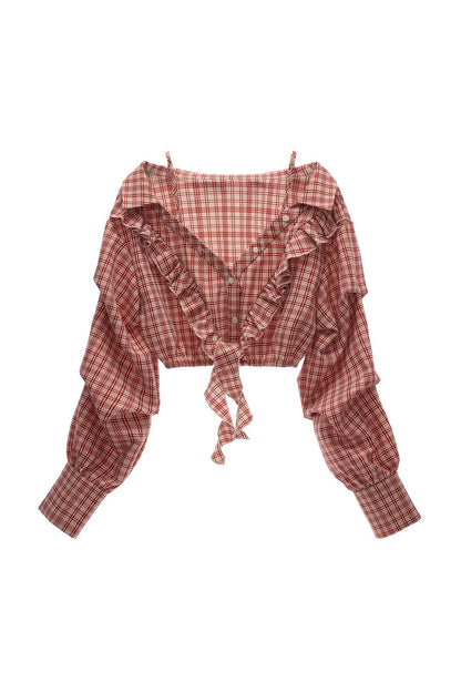 Cropped Plaid Off-Shoulder Blouse