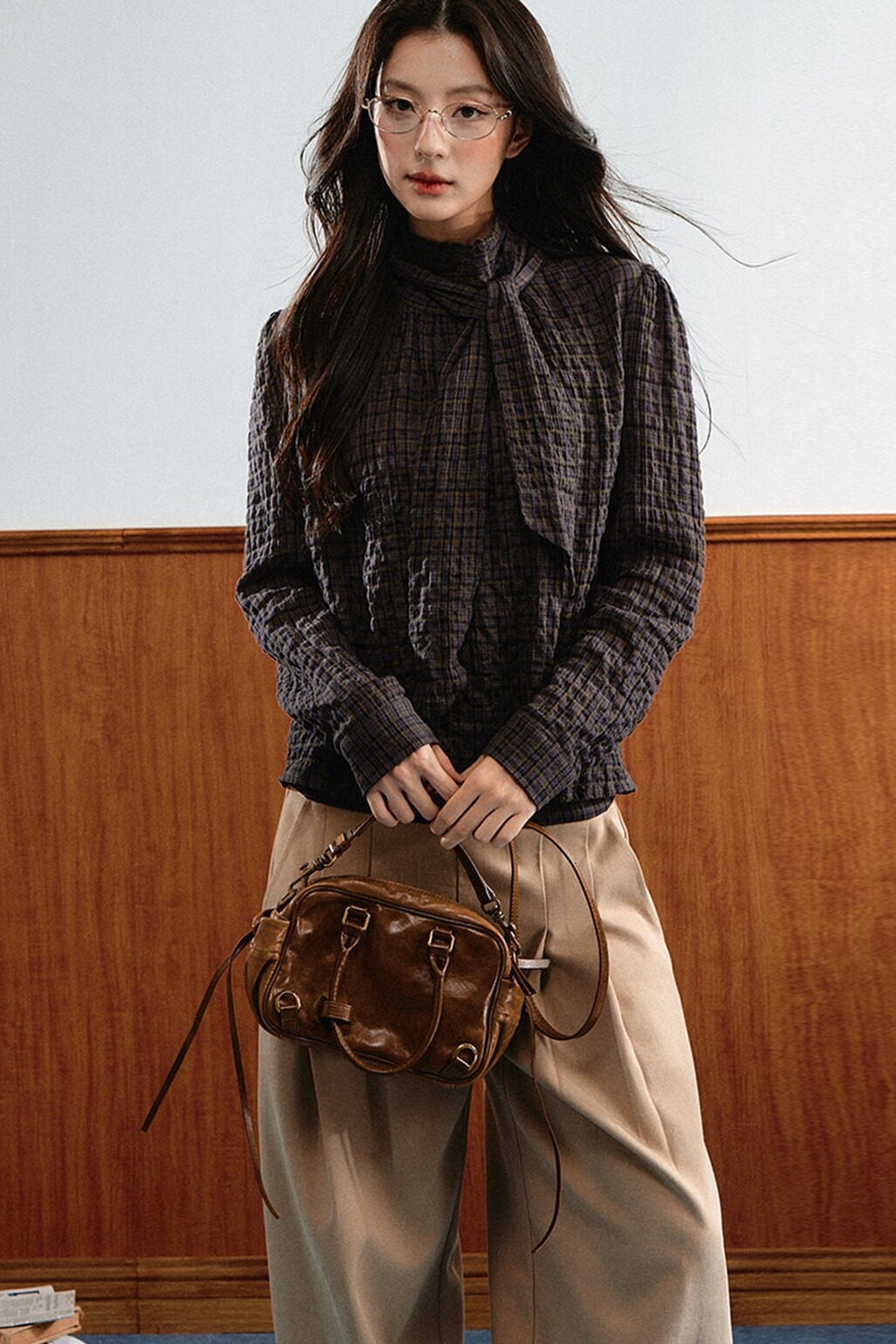 Plaid Cable-Knit Knit Shirt Top