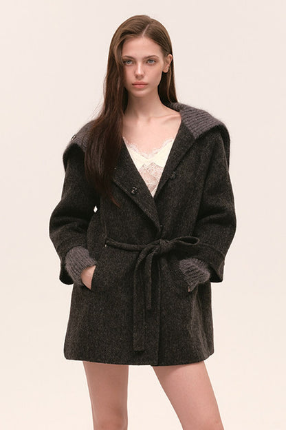 Asymmetrical Knit Collar Tie-Up Wool Coat