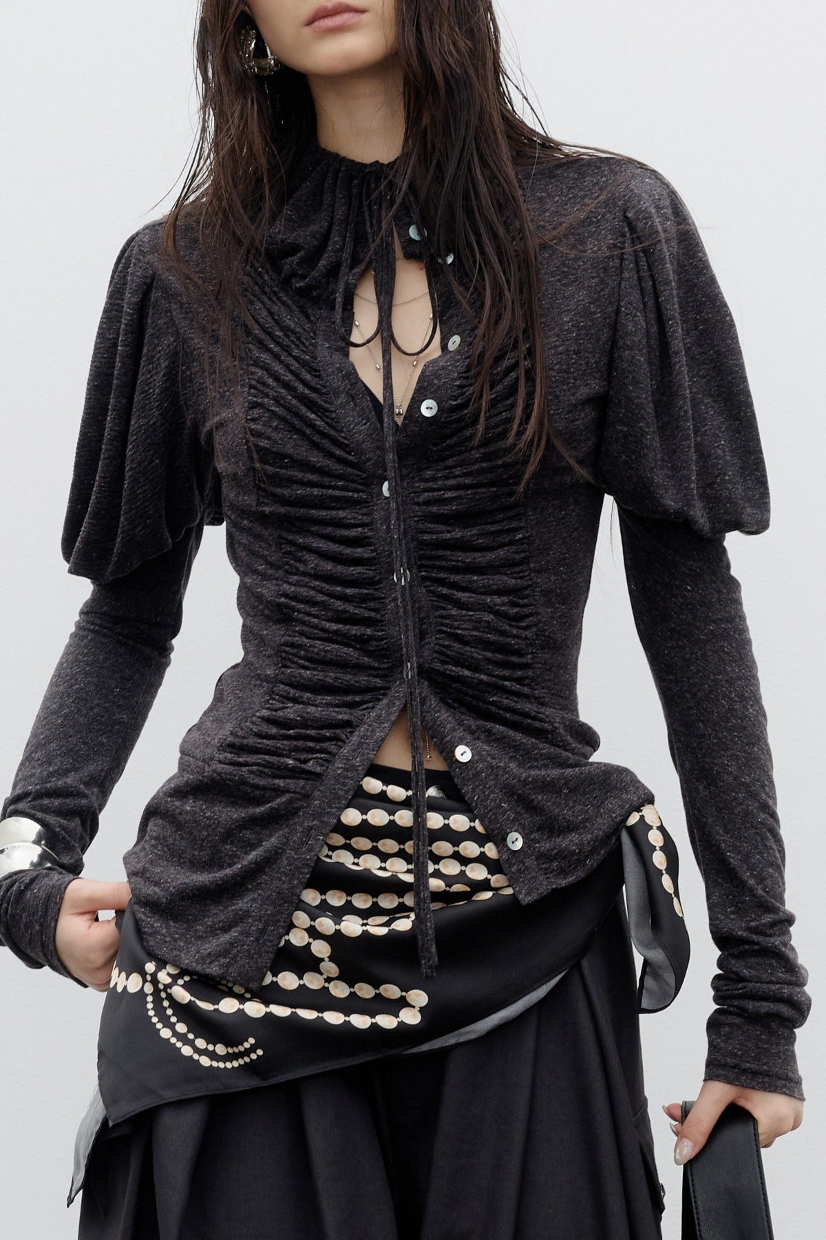 Pleated High-Neck Knit Top