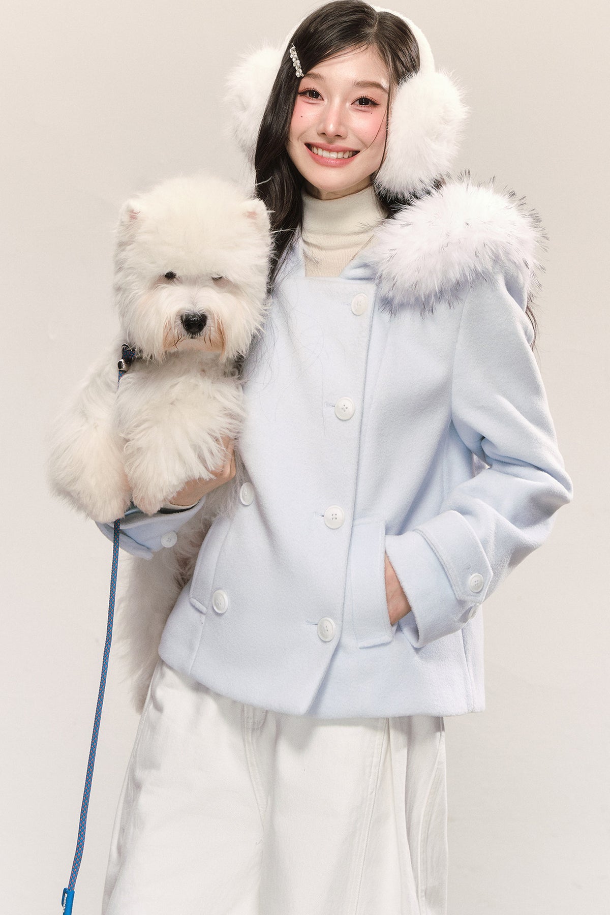 Double-Breasted Detachable Fur Collar Hooded Jacket