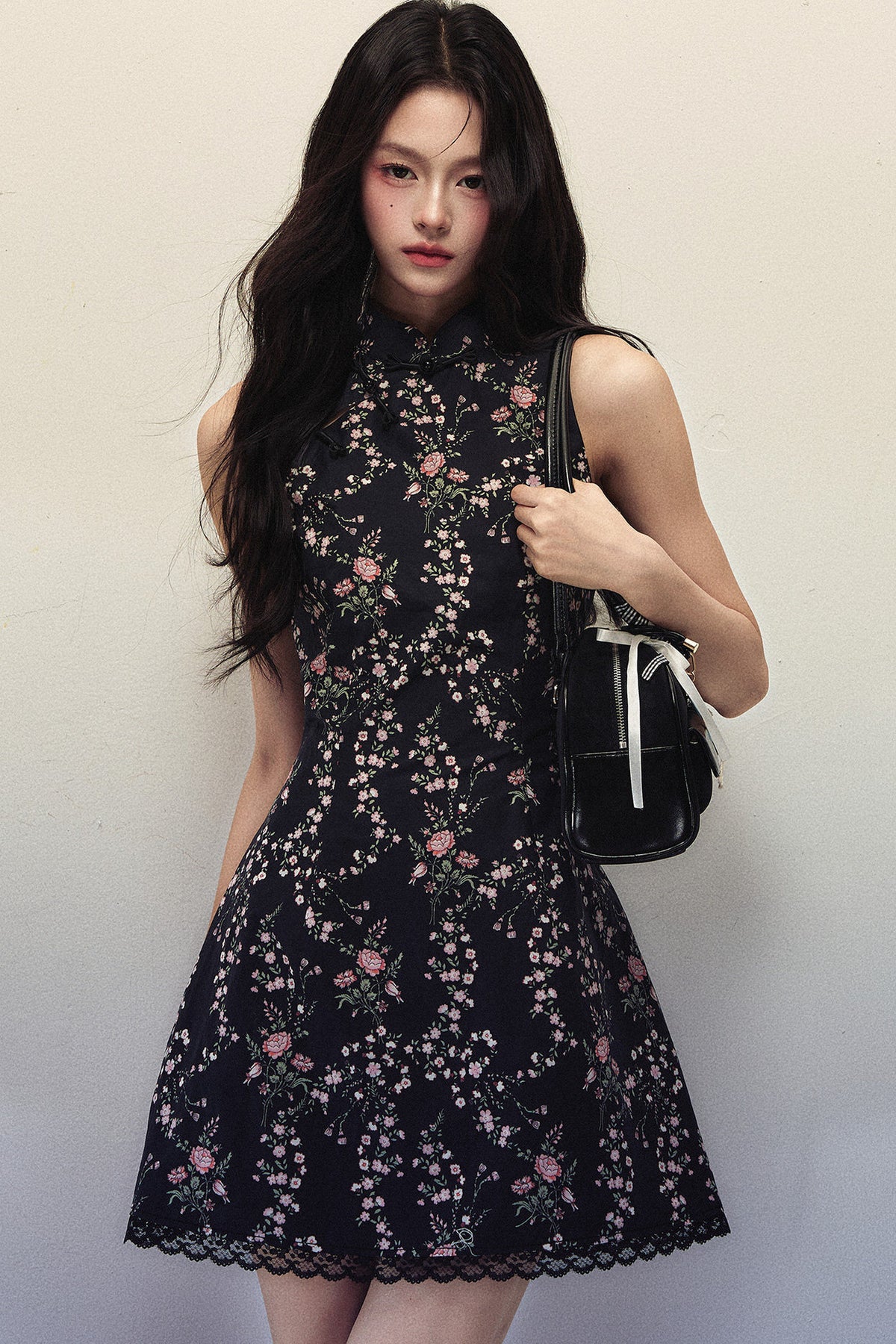 Floral Print Stand Collar Sleeveless Dress